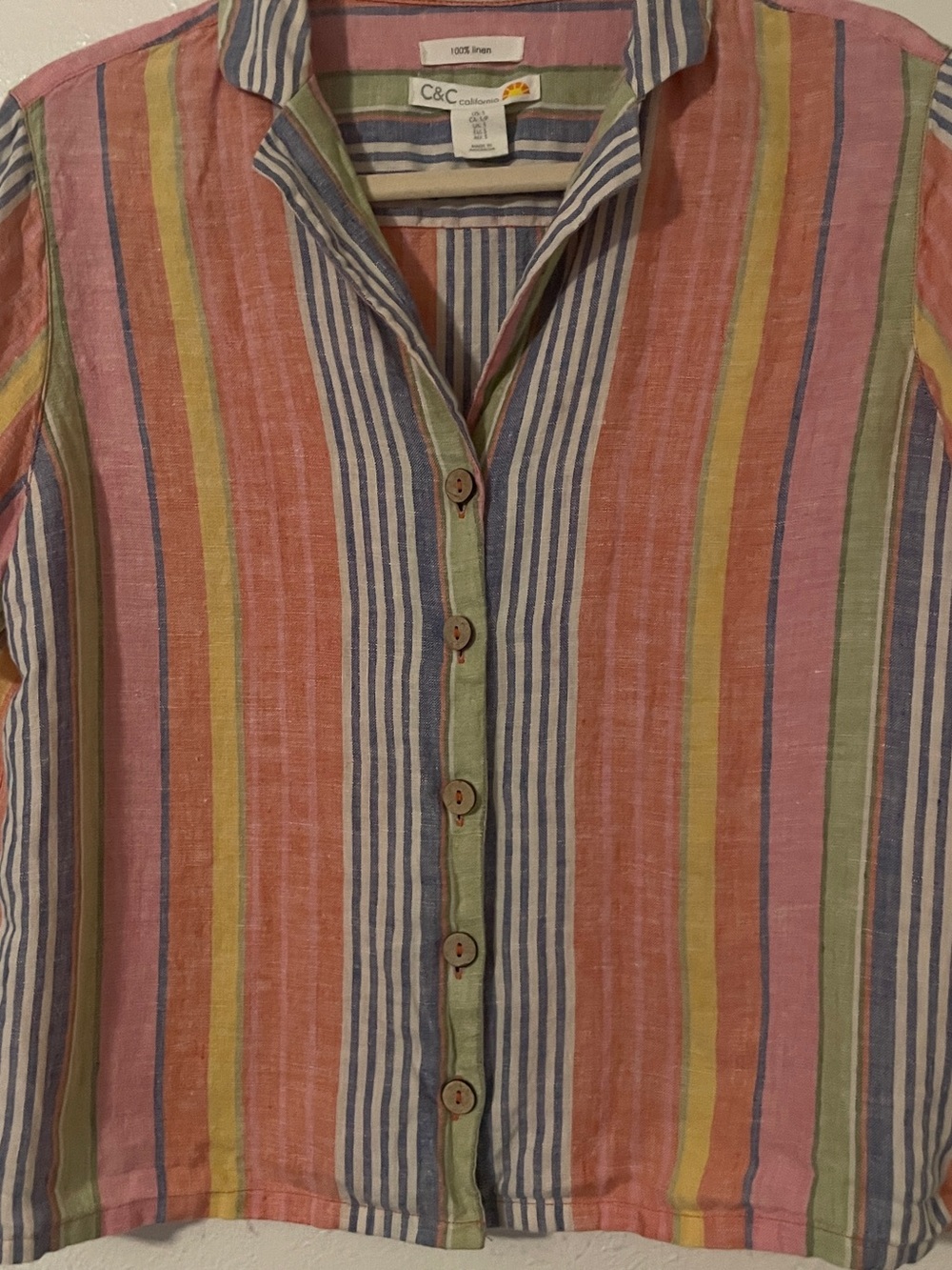 C&C California Linen Striped Cropped Button-Up Short Sleeve Shirt Multicolor S